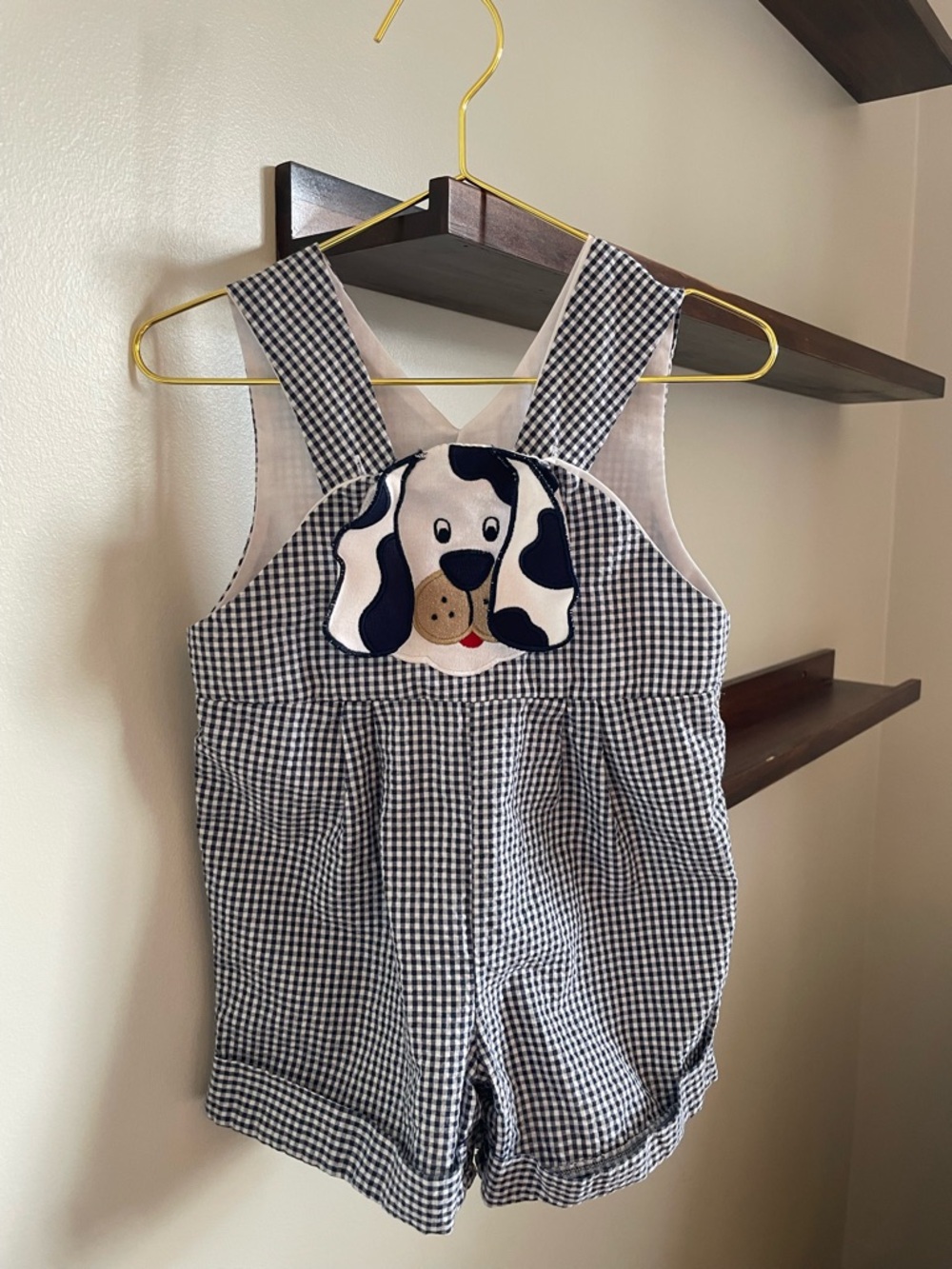 Vintage Gingham Baby Romper with Puppy Appliqué - Navy & White